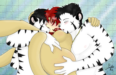 anthro blush breasts clone female group group_sex hair kissing love male male/female nude red_hair sex simple_background tail threesome trio likemaniac christopherlee_(character) likemaniac_(character) felid mammal pantherine tiger