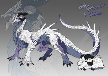 5_fingers 5_toes black_nails blue_eyes claws colored_nails feet female feral fingers horn nails open_mouth quadruped scales simple_background solo standing tail teeth text toes white_body white_scales uzumi_chan mythology paledrake lux_(paledrake) dragon mythological_creature mythological_scalie reptile scalie 2025 absurd_res digital_media_(artwork) hi_res model_sheet signature