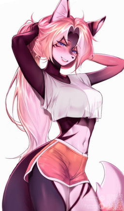 anthro athletic_wear barely_visible_breasts bedroom_eyes belly blue_eyes blush blush_lines bottomwear breasts clothing cocked_hip crop_top dolphin_shorts female fluffy fluffy_ears fluffy_tail gym_bottomwear gym_shorts hair hand_behind_head hands_behind_head hotpants legs_together long_hair looking_at_viewer midriff narrowed_eyes navel pink_hair ponytail pose raised_arm raised_arms seductive shirt shorts simple_background slim solo standing t-shirt tail thighs_together topwear translucent translucent_clothing translucent_topwear tying_hair under_boob white_background xyn niterra canid canine fox mammal hi_res