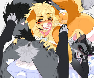 anal anthro anus backsack balls black_anus black_body black_fur black_nose blonde_hair bone_tag brown_eyes clothing collar collar_tag duo eye_scar facial_scar feet femboy femboy/femboy floppy_ears foreskin fur genitals grey_body grey_fur hair heart_symbol humanoid_genitalia humanoid_hands humanoid_penis legwear licking licking_lips licking_own_lips looking_back lying male male/male male_rimming male_rimming_male markings on_front oral pattern_clothing pattern_legwear pattern_thigh_highs penis pink_clothing pink_legwear pink_nose pink_penis pink_thigh_highs pink_tongue red_eyes rimming rimming_male ring_(marking) ringed_tail saliva_on_anus saliva_on_face scar sex striped_clothing striped_legwear striped_markings striped_tail striped_thigh_highs stripes tail tail_markings text_on_collar_tag thigh_highs toeless_(marking) tongue tongue_out wearing_collar white_body white_fur yellow_body yellow_fur lgag006k043_(artist) oscar_(lgag006k043) bird_dog canid canine canis domestic_dog golden_retriever hunting_dog mammal procyonid raccoon retriever 2026 digital_drawing_(artwork) digital_media_(artwork) english_description hi_res