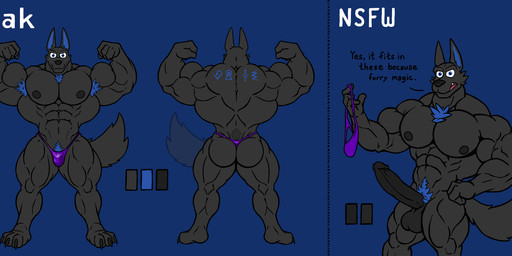 abs anthro armpit_hair balls big_muscles big_penis black_body black_nipples body_hair chest_tuft clothed clothing erection genitals huge_muscles humanoid_genitalia humanoid_penis male muscular muscular_anthro muscular_male nipples nude pecs penis pubes solo thong thong_only topless tuft underwear underwear_only encorejackal zak_(encorejackal) canid canine canis jackal mammal 2025 hi_res model_sheet