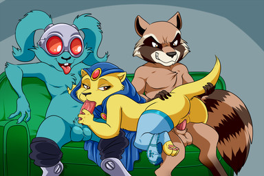 anthro anthro_penetrating balls black_eyes blue_body blue_fur bodily_fluids buckteeth butt clothed clothing clothing_around_one_leg double_penetration erection eyebrows eyelashes fellatio female fur furniture genitals grin group group_sex hand_on_chest interspecies legwear lingerie male male/female male_penetrating markings mostly_nude nude open_mouth oral oral_penetration panties panties_around_one_leg panties_down partially_clothed penetration penile penis ring_(marking) ringed_tail romantic romantic_couple saliva sex simple_background sitting smile sofa spitroast stockings striped_markings striped_tail stripes tail tail_markings teeth threesome tongue tongue_out trio underwear underwear_around_one_leg underwear_down vaginal vaginal_penetration vein yellow_body yellow_fur lonbluewolf guardians_of_the_galaxy marvel blackjack_o'hare lylla_(marvel) rocket_raccoon hare lagomorph leporid mammal mustelid otter procyonid rabbit raccoon 2014 digital_media_(artwork)