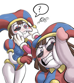 angry bicolor_eyes blush blush_lines bodily_fluids brown_hair clenched_teeth clothing disembodied_penis duo female fool's_hat for_a_head forced frown genitals gloves hair handwear hat headgear headwear humanoid_genitalia humanoid_penis jester looking_at_another male male/female multiple_poses one_piece_suit penis penis_on_cheek pose question_mark simple_background speech_bubble squishing_cheeks standing sweat sweatdrop teeth white_background white_body heppari glitch_productions the_amazing_digital_circus caine_(tadc) pomni_(tadc) human humanoid mammal object_head tooth_creature 2024 hi_res