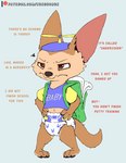 ageplay anthro backpack clean_diaper clothed clothing dialogue diaper folded_diaper hat headgear headwear infantilism male roleplay solo text wearing_diaper kuuneho disney zootopia finnick_(zootopia) canid canine fennec_fox fox mammal true_fox english_text