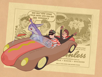 5_fingers advertisement annoyed anthro antlers bacon beverage blush brown_hair car clothing crown cutlery dessert detailed_background dialogue dot_eyes driving eyes_closed eyewear featureless_crotch fingers food fork fur glasses grey_body grey_fur grin group hair hat headgear headwear holding_food holding_object horn hot_dog ice_cream innuendo inside_car inside_vehicle kitchen_utensils light_body light_skin looking_at_another male meat multicolored_body multicolored_fur necktie nude open_mouth purple_body purple_fur question shirt short_hair simple_eyes sitting smile smug speech_bubble spoon standing sunglasses teeth text tools topwear two_tone_body two_tone_fur vehicle young wiener-fag bedfellows gee_bill!_how_come_your_mom_lets_you_eat_two_wieners? wienermobile fatigue_(bedfellows) human jackalope lagomorph mammal english_text meme mixed_media monochrome sepia signature