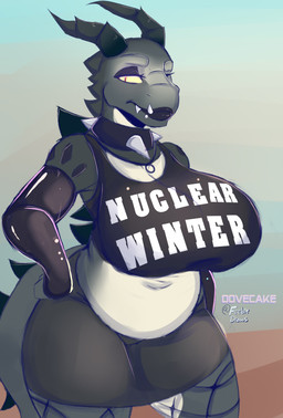 anthro big_breasts black_lips bottomwear breasts clothing collar female fingerless_gloves fishnet_clothing gloves hand_on_hip handwear huge_breasts lips lipstick makeup mature_anthro mature_female skirt slightly_chubby spiked_collar spikes text thick_lips dovecake fallout microsoft deathclaw scalie absurd_res hi_res