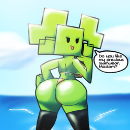 big_breasts big_butt bikini black_clothing black_legwear black_text black_thigh_highs blue_sky breasts butt butt_pose clothing cloud day dialogue eyelashes female female_humanoid green_body green_breasts green_butt green_hair green_skin hair half-closed_eyes hand_on_hip hand_on_own_hip legwear looking_at_viewer looking_back looking_back_at_viewer narrowed_eyes not_furry open_mouth open_smile outside pigtails pose question_mark sea sky smile solo square_(anatomy) square_head swimwear tag_question talking_to_viewer text thigh_highs two-piece_swimsuit water white_clouds white_speech_bubble yellow_bikini yellow_clothing yellow_swimwear tapormint mario_bros nintendo paper_mario mimi_(paper_mario) humanoid 1:1 2023 digital_media_(artwork) english_text hi_res shaded