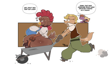 anthro beak big_breasts big_butt blush bodily_fluids breasts brown_body butt clothed clothing dialogue duo feathers female fur group hair huge_breasts huge_thighs male male/female open_mouth overweight overweight_female simple_background smile speech_bubble tail text thick_thighs tongue trio wheelbarrow ghost_drawings mythology cass_(simplifypm) penny_jenkins_(simplifypm) rufus_(simplifypm) avian bird canid canine canis chicken domestic_dog dragon galliform mammal mythological_creature mythological_scalie phasianid scalie digital_media_(artwork) english_text hi_res