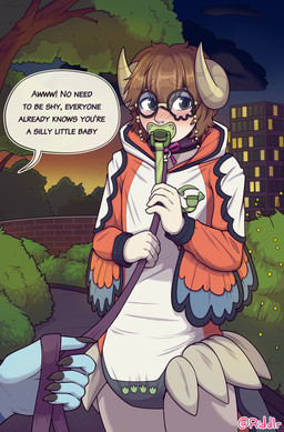 abdl ageplay black_clothing black_topwear brown_eyes brown_hair clothed clothing collar diaper diaper_under_clothing duo eyewear glasses glistening glistening_eyes hair horn infantilism leash looking_aside male male_humanoid night object_in_mouth onesie orange_clothing orange_topwear outside pacifier pacifier_clip pacifier_in_mouth pale_skin purple_collar purple_leash roleplay round_glasses short_hair solo_focus speech_bubble standing tan_horn text topwear wearing_diaper white_clothing white_topwear riddlr humanoid english_text hi_res