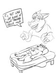2016 anthro baron_puddin_paws bed canid canine clothing dialogue disney english_text fox furniture gideon_grey gravity_falls hi_res lying male mammal monochrome parody pillow red_fox slightly_chubby solo text true_fox underwear zootopia