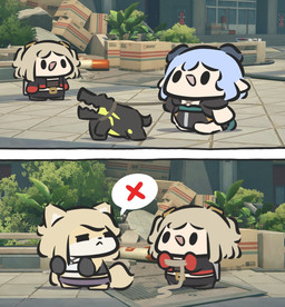 3d_background :< :d ambiguous_feral ambiguous_gender anthro blonde_hair blue_hair chibi collar cross day dot_eyes eyeless female female_anthro female_human female_humanoid feral group hair holding_collar holding_object horn humanoid_pointy_ears leash leashed_collar long_hair open_mouth open_smile outside pointy_ears refusing simple_eyes smile speech_bubble tail walking superappleman mihoyo zenless_zone_zero burnice_white chestnut_(zenless_zone_zero) hati_(zzz) lucia_elowen pulchra_fellini animal_humanoid bovid bovid_humanoid caprine caprine_humanoid domestic_cat ethereal_(zzz) felid feline felis goat_humanoid horned_humanoid human humanoid mammal mammal_humanoid thiren 2koma 3d_(artwork) comic digital_drawing_(artwork) digital_media_(artwork) flat_colors hi_res mixed_media