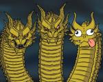 ambiguous_gender blep derp_eyes fangs gold_scales group horn humor looking_aside multi_head open_mouth pink_eyes simple_background teeth tongue tongue_out michaeljlarson european_mythology godzilla_(series) greek_mythology mythology toho kevin_(godzilla) king_ghidorah hydra kaiju scalie 2019 headshot_portrait hi_res meme portrait