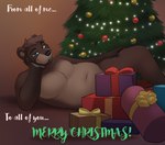 anthro black_nose brown_body brown_fur brown_hair christmas_tree claws convenient_censorship finger_claws fur gift hair holidays humanoid_hands lying male navel nude nude_anthro nude_male on_side plant smile solo text tree jailbird christmas hogan_(lphogan) bear mammal 2024 english_text hi_res