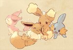 ambiguous_gender anthro blue_body blue_eyes blue_skin blush blush_lines bodily_fluids brown_body brown_eyes brown_fur eyes_closed feral fur group open_mouth pawpads paws pink_body pink_fur simple_background sweat tail yellow_body yellow_fur yura_inaho nintendo pokemon amphibian buneary eevee felid feline generation_1_pokemon generation_3_pokemon generation_4_pokemon lagomorph mammal mudkip pokemon_(species) skitty 2020 signature