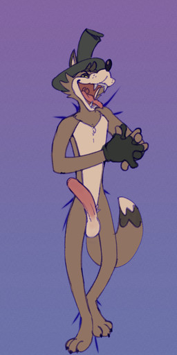 anthro balls big_penis black_nose brown_body brown_fur clothed clothing dipstick_tail erection fluffy fluffy_tail foreskin fur genitals gloves hands_together handwear hat headgear headwear humanoid_genitalia humanoid_penis long_penis long_snout looking_at_viewer male markings mostly_nude necktie open_mouth penis pink_penis pink_tongue pose simple_background smile snout solo standing suit tail tail_markings teeth tongue tongue_out toony top_hat uvula yellow_sclera korichi into_the_unwell wolfgang_(into_the_unwell) canid canine canis mammal wolf 2025 sketch