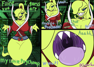 3_fingers big_breasts blue_eyes bodily_fluids breasts cleavage clothed clothing dungeon female female_pred fingers first_person_view floating green_body green_skin hair huge_breasts mouth_shot not_furry open_mouth oral_vore partially_clothed ponytail prey_pov saliva saliva_on_tongue saliva_string sharp_teeth solo teeth throat tongue tongue_out uvula vore wide_hips jasparfox mesmerelda_(jasparfox) ghost humanoid spirit undead absurd_res digital_drawing_(artwork) digital_media_(artwork) hi_res