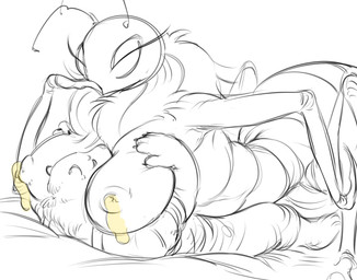 anthro arthropod_abdomen breastfeeding breasts duo female food honey_(food) male male/female kawekku_sup arthropod bear bee hymenopteran insect mammal absurd_res hi_res
