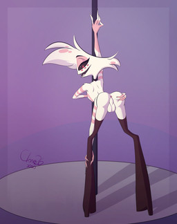 4_arms anus balls butt genitals looking_back male multi_arm multi_limb pole presenting presenting_hindquarters solo striped_body stripes stripper_pole white_body clone26 hazbin_hotel hellaverse angel_dust arachnid arthropod demon humanoid spider absurd_res hi_res