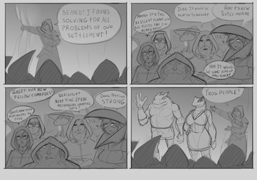 anthro beard clothed clothing coat dialogue eyewear facial_hair female glasses hat headgear headwear hood male mask mustache raincoat text topwear conditional_dnp patecko against_the_storm_(video_game) european_mythology greek_mythology mythology viceroy_(against_the_storm) amphibian avian beaver canid canine fox frog harpy human humanoid lizard mammal mythological_avian mythological_creature reptile rodent scalie 2025 absurd_res comic english_text hi_res monochrome