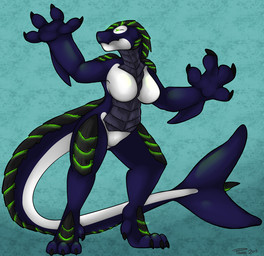 4_fingers 4_toes anthro arm_fin black_claws blue_body blue_skin breasts claws countershading dark_body dark_skin featureless_breasts feet female fin fingers glowing glowing_eyes green_eyes long_tail non-mammal_breasts radioactive raised_arm simple_background solo tail textured_background toe_claws toes white_body white_countershading pmoss rismic jade_"cascade" aquatic cetacean dolphin kaiju mammal oceanic_dolphin orca toothed_whale 2014 signature