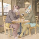 anthro antlers beverage blinds blue_eyes book bottomwear cafe chair claws clothing coffee date duo fur furniture green_eyes hoodie horn light_bulb male male/male paws shorts table tail text topwear window yellow_body yellow_fur leon_cheetah thane canid canine deer felid feline fennec_fox fox hybrid mammal true_fox 1:1 english_text hi_res