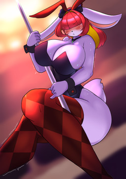 anthro biped black_clothing black_leotard black_nose blush blush_lines bodily_fluids breasts bunny_costume checkered checkered_clothing checkered_legwear clothed clothed_anthro clothed_female clothing costume dancing fake_ears fake_rabbit_ears female female_anthro fully_clothed fully_clothed_anthro fully_clothed_female fur hair hair_over_eyes legwear leotard nipple_outline pattern_clothing pattern_legwear pole pole_dancing red_hair solo stripper_pole sweat thick_thighs white_body white_ears white_fur nigiruri lagomorph leporid mammal rabbit absurd_res hi_res