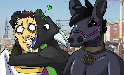 anthro beady_eyes black_body black_hair blue_tongue bodily_fluids brown_hair clothing collar green_body grey_body grey_collar grey_ears group hair heart_symbol horn latex male photo_background purple_body saliva saliva_on_tongue sharp_teeth teeth tongue tongue_out topwear trio unsigned white_clothing white_horn white_topwear wide_eyed swampjaws mythology dragon equid equine horse human latex_creature living_latex mammal mythological_creature mythological_scalie scalie mixed_media photography_(artwork)