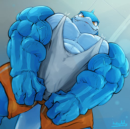 anthro big_muscles big_pecs biped blue_body bottomwear clothed clothed_anthro clothed_male clothing clothing_pull fingers front_view grey_clothing grey_shirt grey_tank_top grey_topwear humanoid_hands looking_at_viewer looking_down low-angle_view male muscular muscular_anthro muscular_male narrowed_eyes orange_bottomwear orange_clothing orange_eyes orange_shorts pecs shirt shirt_pull shorts smile smiling_at_viewer smirk smirking_at_viewer smug snaggle_teeth solo standing tank_top text topwear topwear_pull vein veiny_arms veiny_muscles waddledox mako_(plain_white) aquatic fish mackerel_shark mako_shark shark white_shark absurd_res artist_name colored hi_res shaded
