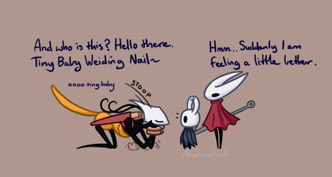 all_fours ambiguous_gender anthro arched_back arthropod_abdomen biped dialogue female greeting group height_envy height_teasing horn larger_anthro larger_female simple_background size_difference smaller_ambiguous smaller_anthro smaller_female text trio atwotonedbird hollow_knight:_silksong hollow_knight_(franchise) team_cherry hornet_(hollow_knight) shakra_(hollow_knight:_silksong) the_knight_(hollow_knight) arachnid arthropod insect spider vessel_(species) 2025 english_text brother_(lore) brother_and_sister_(lore) nonbinary_(lore) sibling_(lore) sister_(lore)
