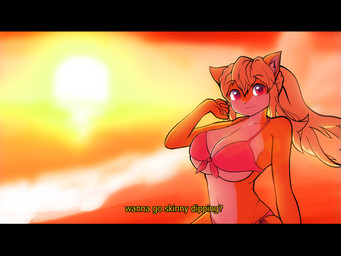 anthro beach big_breasts bikini black_bars breasts cleavage clothed clothing dialogue female front-tie_bikini front-tie_clothing front-tie_swimwear fur hair looking_at_viewer ponytail seaside side-tie_bikini side-tie_clothing side-tie_swimwear skimpy smile solo string_bikini sunset swimwear text three-quarter_view two-piece_swimsuit demenmenabung veeyo domestic_cat felid feline felis mammal 4:3 alternate_version_at_source digital_media_(artwork) english_text hi_res letterbox subtitled