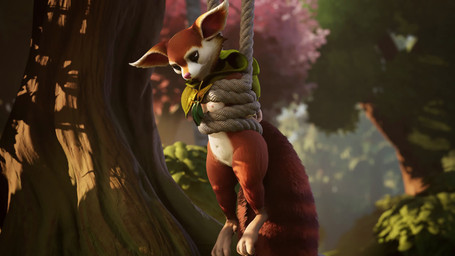 annoyed anthro big_tail bound breasts cape claws clothing feet female fingers forest fur genitals hands_behind_back hood looking_tired nipples plant restrained rope sad solo suspension swaying tail tail_tuft tired tree tuft vulva white_body ano_delta dota valve hoodwink_(dota) mammal rodent sciurid tree_squirrel 16:9 3d_(artwork) 3d_animation animated digital_media_(artwork) hi_res no_sound webm widescreen