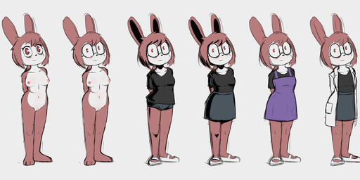 anthro black_clothing black_topwear blush bottomwear breasts clothing clothing_focus countershade_face countershade_torso countershading curvy_figure dress eye_bags eyewear facial_scar feet female genitals glasses hourglass_figure innie_vulva jacket looking_at_viewer multiple_outfits natural_breasts navel nipples nude red_eyes scar skirt smile solo topwear vulva e254e dr._emilia_(e254e) lagomorph leporid mammal rabbit hi_res sketch