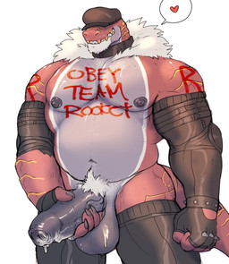 anthro anthrofied balls big_balls big_penis bodily_fluids body_writing clothing collar cum fingerless_gloves foreskin genital_fluids genitals gloves grin handwear hat hat_over_eyes headgear headwear heart_symbol humanoid_genitalia humanoid_penis leather leather_clothing male masturbation muscular muscular_anthro muscular_male nipples non-mammal_balls non-mammal_nipples obscured_eyes overweight overweight_male pecs penis simple_background smile solo text writing_on_chest hyenaface nintendo pokemon team_rocket dinosaur fossil_pokemon generation_6_pokemon pokemon_(species) prehistoric_species reptile scalie tyrantrum english_text hi_res