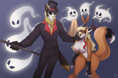anthro big_breasts blonde_hair breasts clothed clothed/nude clothing duo female hair holding_face hypnosis hypnotic_eyes logo male male/female mask mind_control nipples nude red_hair smile staff suit text thick_thighs noodlerain founntain_(character) wolfriel canid canine canis fox ghost mammal spirit wolf 2023 absurd_res artist_logo artist_name hi_res signature watermark