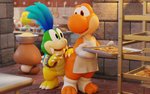 3_toes anthro apron barefoot blue_hair bowl clothing container cookie cooling_rack dough duo egg feet food footwear hair kitchen kitchen_utensils male paws plantigrade stirrup_footwear toeless_footwear toes tools cinnamoncookies mario_bros nintendo cookie_(cinnamoncookies) koopaling larry_koopa goomba koopa koopa_troopa orange_yoshi scalie yoshi 16:10 2020 3d_(artwork) digital_media_(artwork) hi_res widescreen