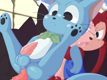 anal animal_genitalia anthro anus assisted_sex backpack backpack_only balls black_eyes blue_body blue_fur blush blush_lines blush_stickers bodily_fluids bottomless butt clothed clothing cloud crowd crowd_scene disembodied_penis erection fangs feline_genitalia fluffy fluffy_balls full_nelson fur genital_fluids genitals group holding_arms imminent_anal imminent_sex long_tail male male/male markings nervous nervous_sweat offscreen_character offscreen_male penile_spines penis pink_markings precum red_body red_fur sheath sky skyscape snaggle_tooth sweat tail teeth topwear topwear_only trio vest vest_only white_markings razuneku fairy_tail frosch_(fairy_tail) happy_(fairy_tail) lector_(fairy_tail) domestic_cat exceed felid feline felis mammal 4:3 hi_res