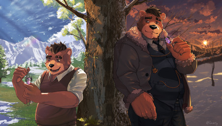 anthro brown_hair clothing countershade_face countershading eyebrows hair happy horizon jacket male mountain nature plant sky skyscape snow snowscape solo spring sunset thick_eyebrows time_skip topwear tree winter gavel_(artist) bear mammal hi_res painting_(artwork)