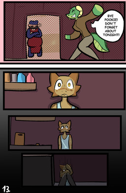 anthro clothed clothing covering covering_face dialogue female group horn male smile speech_bubble tail text trio yellow_eyes brradett lernie_(brradett) tim_(brradett) human mammal scalie absurd_res colored comic digital_media_(artwork) english_text hi_res