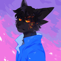 abstract_background anthro black_body black_fur black_hair blue_clothing blue_jacket blue_topwear cheek_tuft clothed clothing facial_tuft fur glistening glistening_hair hair jacket looking_at_viewer male mouth_closed narrowed_eyes pupils red_eyes side_view solo topwear tuft unsigned yellow_pupils yellow_sclera corzh77 felid mammal 1:1 bust_portrait hi_res icon portrait