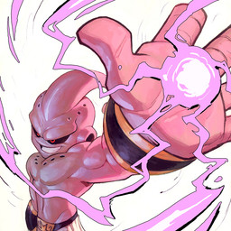 5_fingers aura bottomwear clothing fingers male pants pink_body pink_skin red_eyes simple_background smile solo garrett_hanna dragon_ball kid_buu alien alien_humanoid humanoid majin 1:1