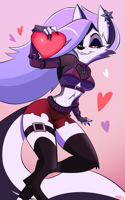 anthro armwear belt bite biting_lip bottomwear breasts clothing ear_piercing ear_ring elbow_gloves eyebrows eyelashes female fingerless_gloves fur gloves grey_hair hair handwear heart_symbol legwear midriff piercing red_sclera ring_piercing shorts smile solo thigh_belt thigh_highs white_body white_fur 49ersrule07 hellaverse helluva_boss mythology loona_(helluva_boss) canid canid_demon canine demon hellhound mammal mythological_canine mythological_creature 2026 5:8 hi_res