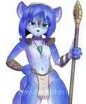 2019 accessory anthro artist_name blue_body blue_fur blue_hair bottomwear breasts canid canine choker circlet clothed clothing eyebrows eyelashes featureless_breasts female flat_chested fox fur green_eyes hair hair_accessory hairband jewelry krystal's_staff krystal_(star_fox) loincloth looking_at_viewer mammal markings navel necklace nintendo raikoh-illust short_hair shoulder_guards smile solo staff star_fox topless white_body white_fur