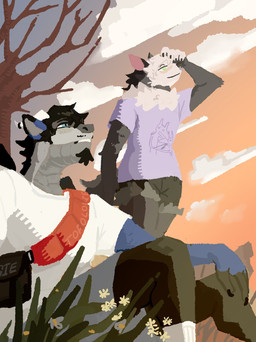 anthro black_hair blue_eyes bottomwear clothing cloud detailed_background duo facial_hair facial_piercing fanny_pack female flower grass green_eyes hair horn male mustache nose_piercing nose_ring orange_sky piercing plant purple_clothing purple_shirt purple_topwear ring_piercing shirt shorts sitting sky sunset topwear tree burrrnt meme_clothing mythology domestic_ferret dragon mammal mustelid musteline mythological_creature mythological_scalie scalie true_musteline weasel 2025 colored digital_media_(artwork) hi_res meme shaded