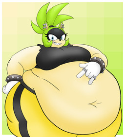 accessory alternative_fashion anthro belly belly_overhang big_belly big_breasts black_hairband black_nose blue_eyes border bottomwear bracelet breasts clothing ear_piercing eyelashes female gloves green_background green_ears green_hair hair hair_accessory hairband handwear huge_belly huge_thighs hyper hyper_belly jewelry looking_at_viewer navel obese obese_anthro obese_female overweight overweight_anthro overweight_female pants piercing punk ring simple_background smile smiling_at_viewer solo spiked_bracelet spikes tan_body tan_inner_ear thick_thighs three-quarter_view white_border white_clothing white_gloves white_handwear yellow_bottomwear yellow_clothing yellow_pants dakotah9 idw_publishing sega sonic_the_hedgehog_(comics) sonic_the_hedgehog_(idw) sonic_the_hedgehog_(series) surge_the_tenrec afrosoricid mammal tenrec 2026 colored digital_media_(artwork) hi_res portrait shaded three-quarter_portrait