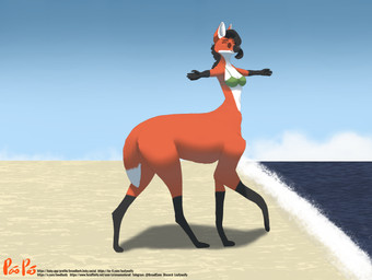 beach bikini bikini_top bottomless clothed clothing eyewear female hair outside paws sand sea solo sunglasses swimwear tail text two-piece_swimsuit water crimsoncolored pao_pao_(crimsoncolored) canid canine mammal maned_wolf taur absurd_res hi_res url