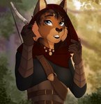 anthro baldric belt biped blue_eyes bow_(weapon) breasts brown_hair brown_nose cheek_tuft clothed clothing detailed_background eyebrow_piercing eyebrows facial_piercing facial_spots facial_tuft fangs female forest forest_background fur furgonomics furry-specific_piercing green_eyes hair heterochromia hood jewelry labret_piercing leaf lip_piercing nature nature_background necklace nose_piercing nose_ring orange_body orange_fur piercing plant ranged_weapon ring_piercing septum_piercing septum_ring solo tan_body tan_fur teeth tree tuft weapon iumm3n microsoft the_elder_scrolls felid feline khajiit lynx mammal 2023 hi_res watermark