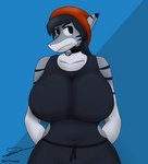 anthro apron beanie big_breasts breasts clothing collar female fish hair hands_behind_back hat hawtlava headgear headwear hi_res isis_mostafa_(hawtlava) looking_up marine navel requiem_shark roblox shark snout solo tiger_shark wide_hips