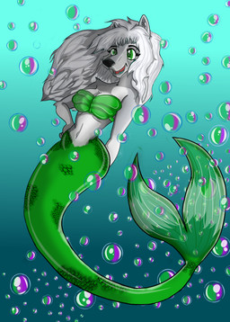 anthro bare_shoulders blue_background bra breasts bubble cleavage clothed clothing female fur green_body green_bra green_clothing green_eyes green_scales green_tail green_underwear grey_body grey_fur hair hand_on_hip navel open_mouth open_smile scales seashell_bra simple_background small_waist smile solo split_form strapless_bra strapless_clothing strapless_underwear tail teeth underwater underwear water white_hair wide_hips melody_boat nyra_(rikuthemermage) aquatic canid canine canis mammal merfolk wolf 2025 absurd_res hi_res