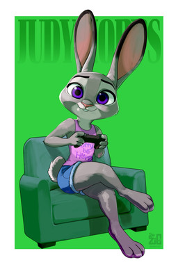 anthro biped bottomwear clothing controller crossed_legs denim denim_bottomwear denim_clothing denim_shorts female female_anthro furniture game_controller looking_at_viewer paws purple_eyes shirt shorts simple_background sofa solo tank_top text topwear zigrock001 disney zootopia judy_hopps european_rabbit lagomorph leporid mammal oryctolagus rabbit absurd_res full-length_portrait hi_res portrait signature
