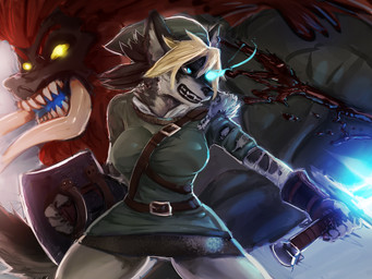 alternate_species anthro anthrofied big_breasts blonde_hair blood blue_eyes bodily_fluids breasts clothing crossgender duo female furrification glowing glowing_eyes hair holding_melee_weapon holding_object holding_shield holding_sword holding_weapon male melee_weapon mtf_crossgender open_mouth shield shirt sword tight_clothing topwear torn_clothing tunic tusks weapon general-irrelevant nintendo the_legend_of_zelda twilight_princess ganon link_(wolf_form) canid canine canis mammal suid suine wolf 4:3 digital_media_(artwork)